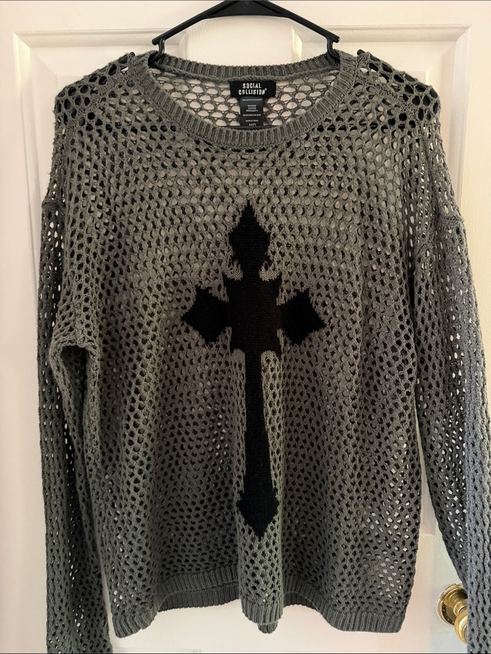 Social Collision Grey Open-Knit Sweater with Black Cross unisex